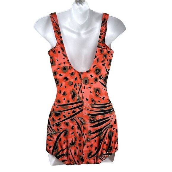 Maxine Sz 16 Gathered Front One Piece Swimsuit Red Orange Animal Print Shapewear - Picture 4 of 14